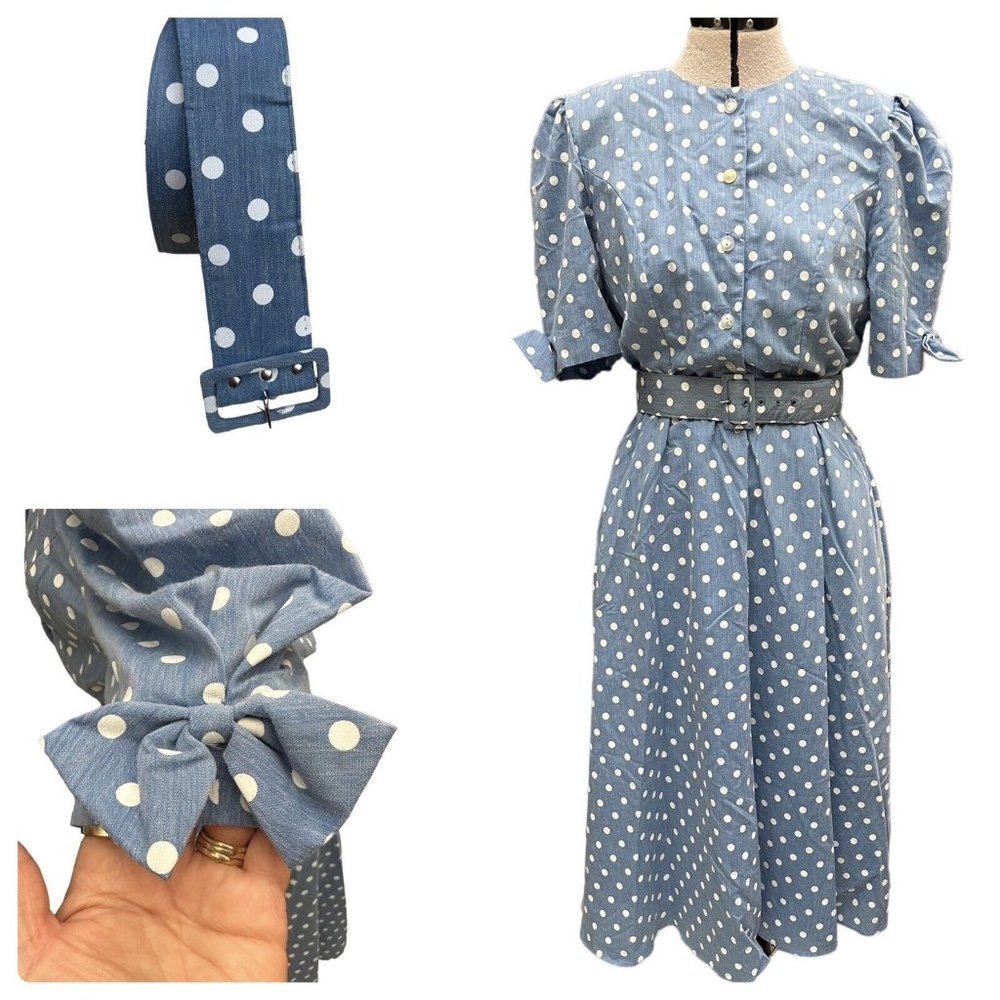 Vintage 70s Jenny USA Made Midi Dress Size 12 Blue Polka Dot, Puff Sleeves, Belt